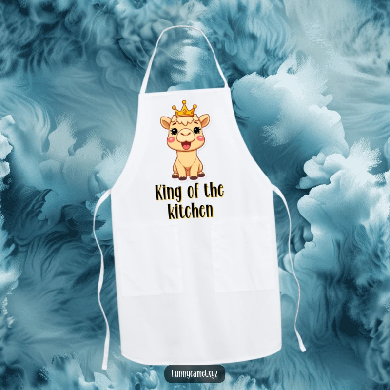 Funny delighted camel wearing a tiny crown, beaming brightly, printed on a functional apron, ideal for humorous culinary royalty.