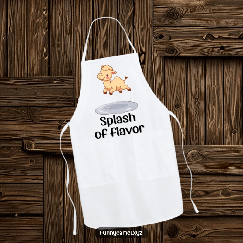 Funny cute camel gleefully jumping over a small shimmering puddle, on a practical and playful apron.