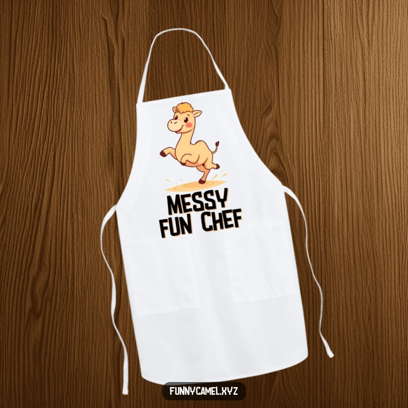 Funny apron with a cute kawaii camel character joyfully kicking sand, bringing playful desert vibes to kitchen activities.