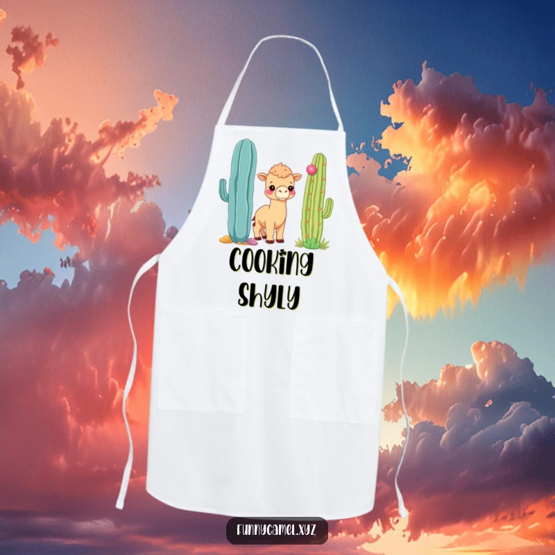 Funny shy kawaii camel peeking around a large, colorful cactus, on a practical and charming apron.