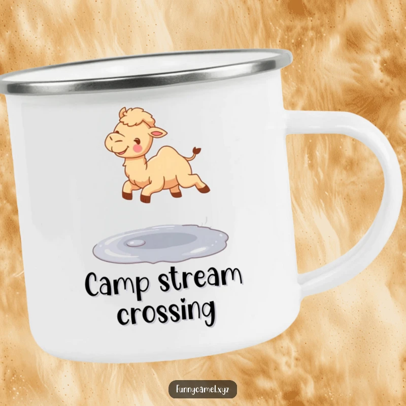Funny cute camel gleefully jumping over a small shimmering puddle, on a rugged enamel camping mug.