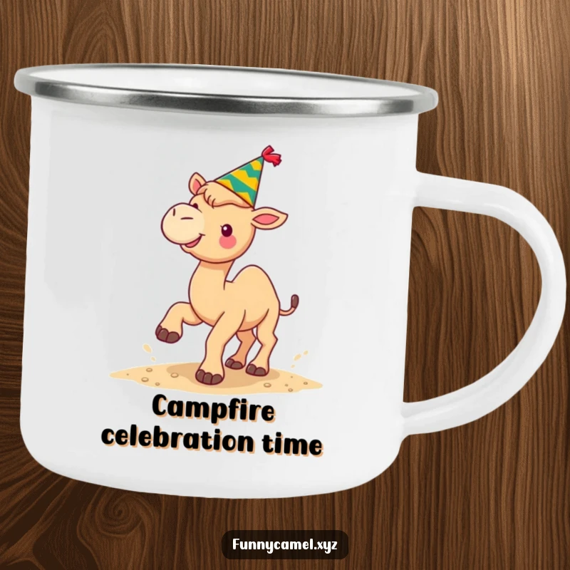 Funny kawaii camel in a festive hat kicking sand joyfully, on a rugged enamel camping mug.