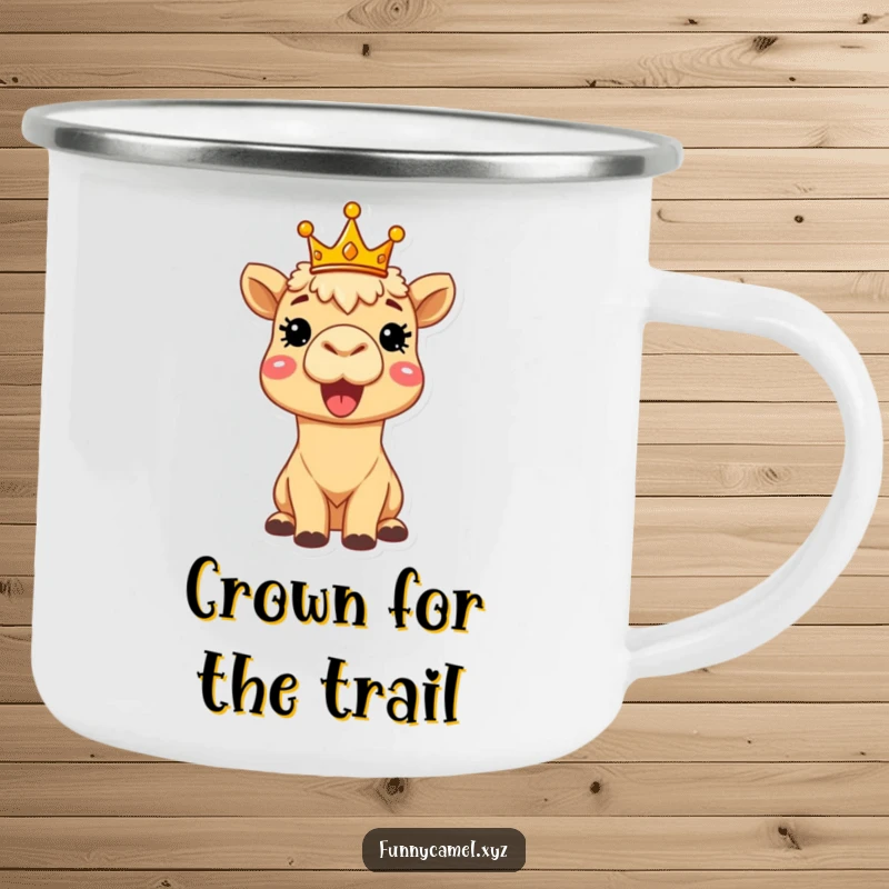 Funny delighted camel wearing a tiny crown, beaming brightly on a sturdy camping mug, perfect for humorous, royal outdoor enjoyment.