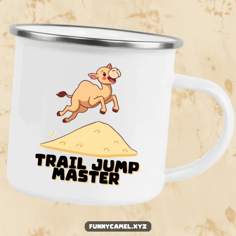 Funny determined camel leaping joyfully over a small sand dune on a sturdy camping mug, perfect for humorous outdoor adventures.