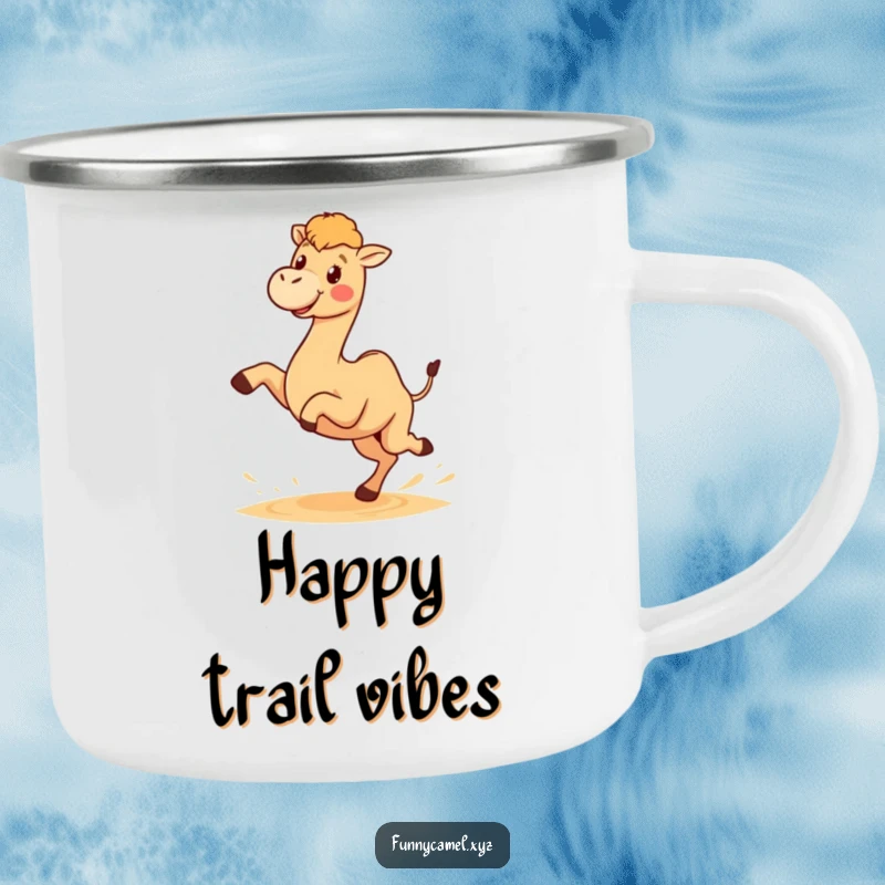 Funny camping mug showing a cute kawaii camel character joyfully kicking sand, embodying desert fun and outdoor spirit.
