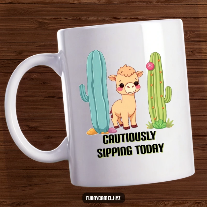 Funny shy kawaii camel peeking out from behind a large, colorful cactus, on a coffee mug.