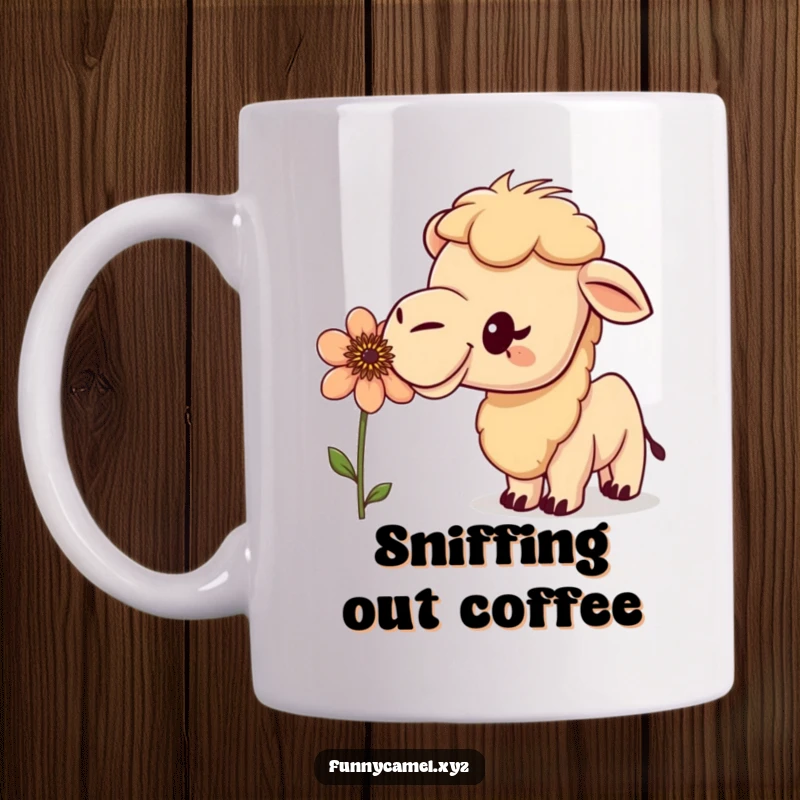 Funny curious camel with an excited bobble, sniffing a peculiar flower on a mug, capturing a moment of wonder and humor.