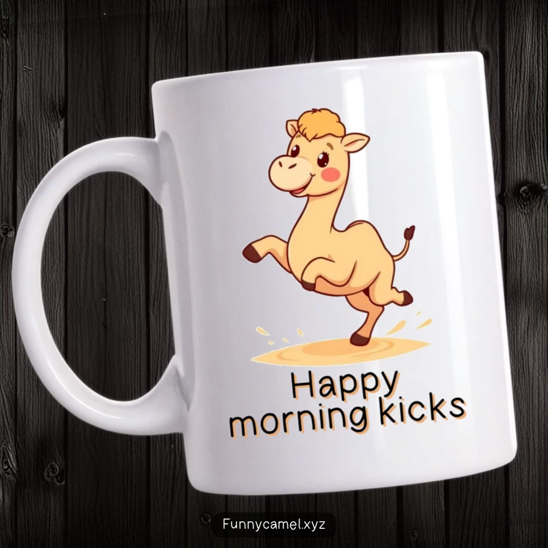 Funny kawaii camel mug showing a cute camel character joyfully kicking sand with both hind legs, expressing desert playfulness.