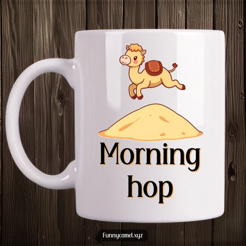 Funny Kawaii Camel Mug showing a cute camel gracefully leaping over a stylized dune, capturing motion and humor.