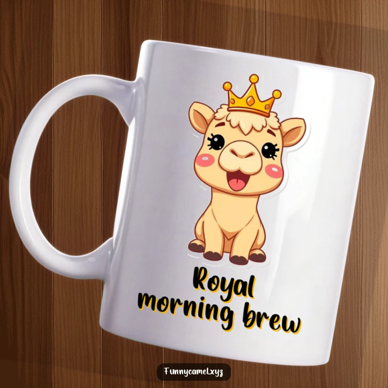 Funny delighted camel wearing a tiny crown, beaming brightly on a mug, embodying joy and royal charm.