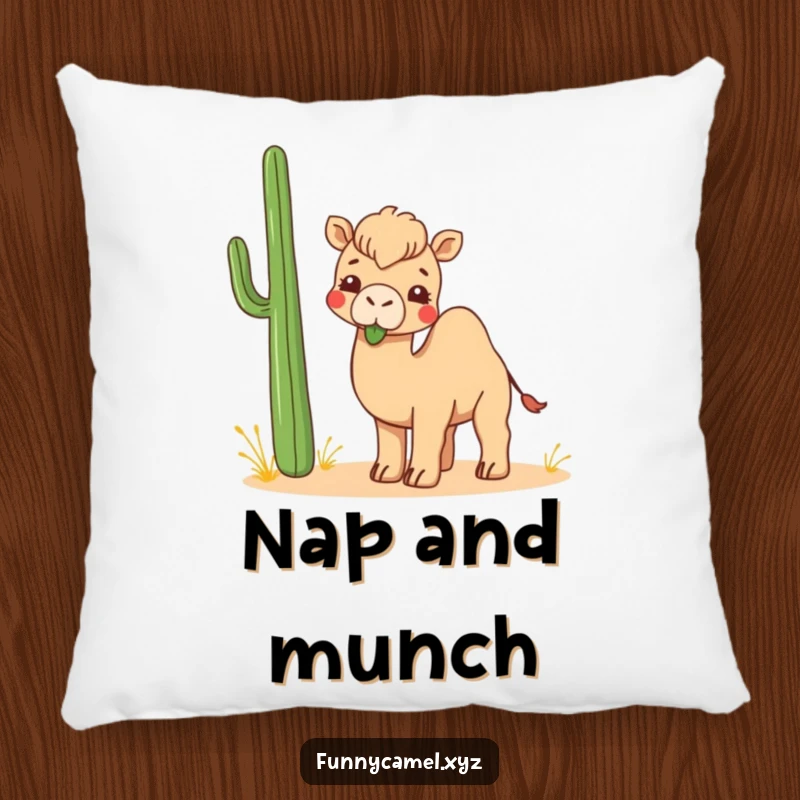 Funny Kawaii Camel Pillow with a cute camel playfully chewing an abstract desert plant, adding comfort and humor.
