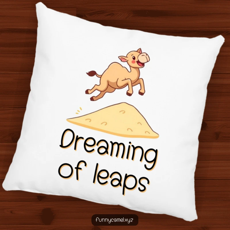 Funny determined camel leaping joyfully over a small sand dune, adorning a soft, huggable pillow for cozy, humorous relaxation.