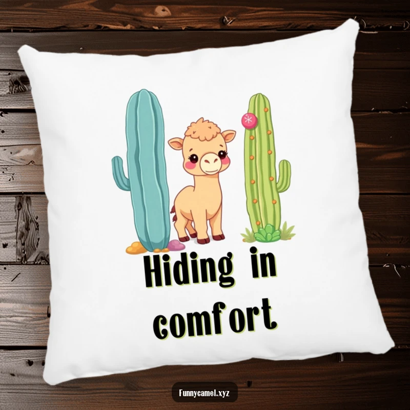 Funny shy kawaii camel peeking from behind a colorful cactus, printed on a soft, decorative pillow.
