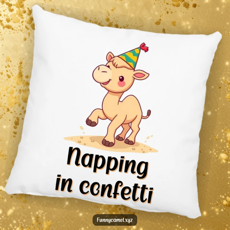 Funny kawaii camel wearing a festive hat, kicking sand happily, printed on a soft, decorative pillow.