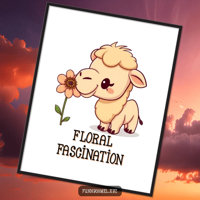 Funny curious camel sniffing a peculiar flower with an excited bobble, available as an instant digital art print for whimsical decor.