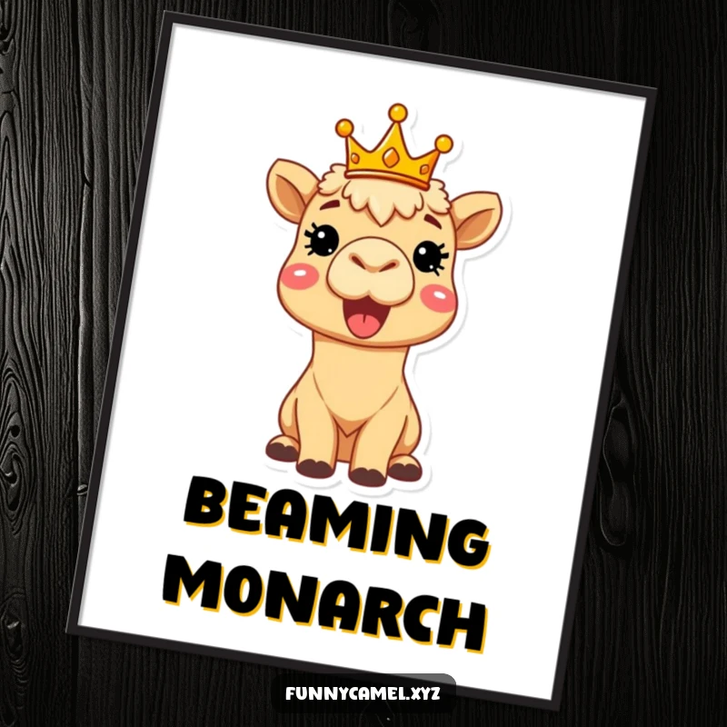 Funny delighted camel wearing a tiny crown, beaming brightly, available as an instant digital art print for regal decor.