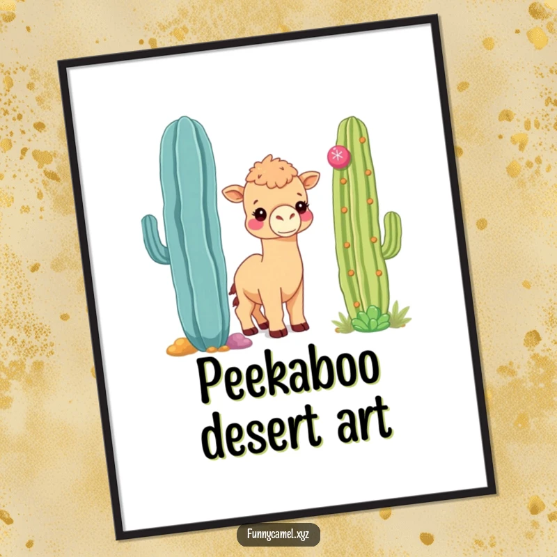 Funny shy kawaii camel peeking from behind a large, colorful cactus, as printable digital art.
