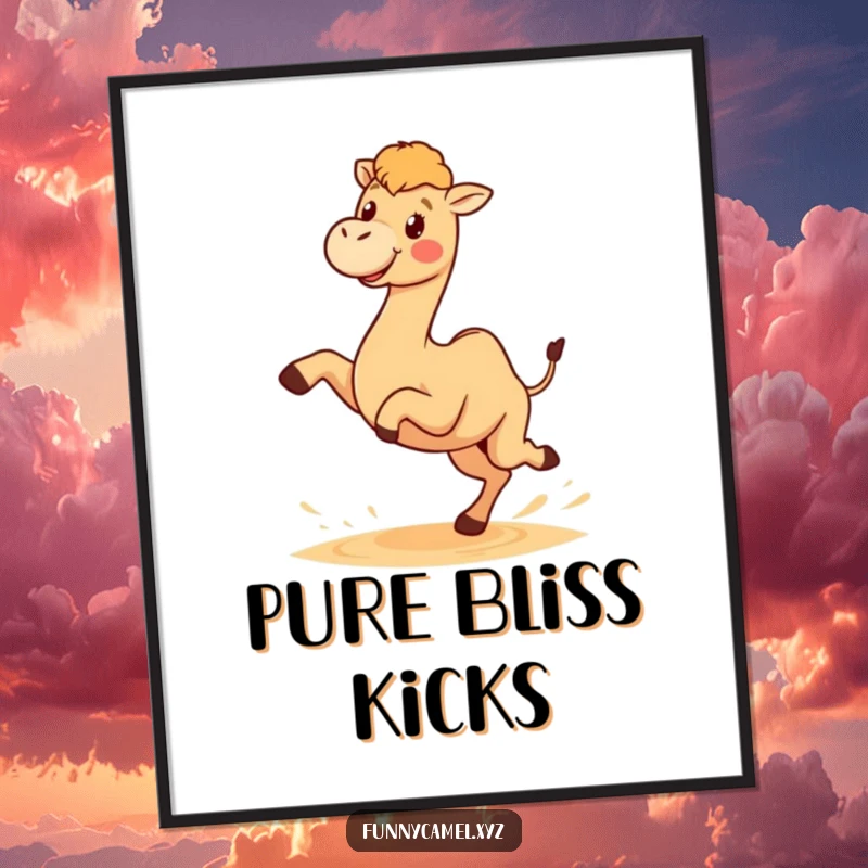 Funny digital art print of a cute kawaii camel character joyfully kicking sand with its hind legs, celebrating desert fun and happiness.