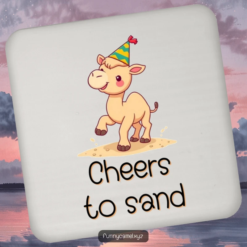 Funny kawaii camel in a festive hat kicking sand upwards, printed on protective drink coasters.