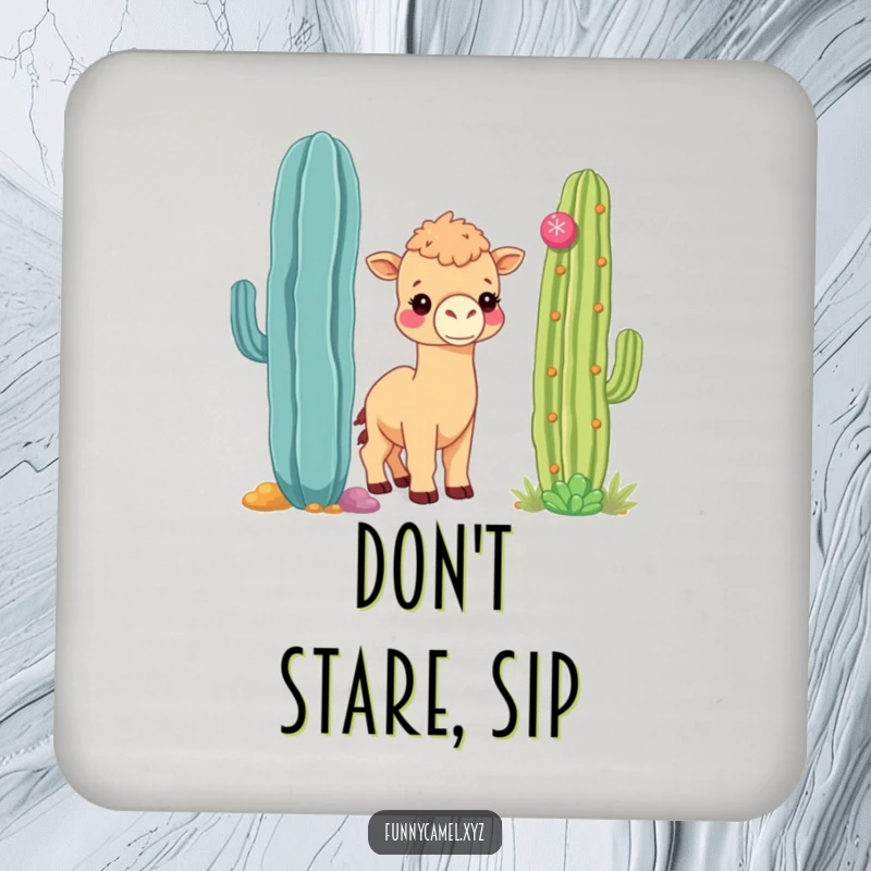 Funny shy kawaii camel peeking around a colorful cactus, printed on protective drink coasters.