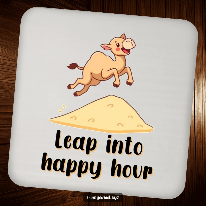 Funny determined camel leaping joyfully over a small sand dune on a protective drink coaster, adding humor to tabletops.