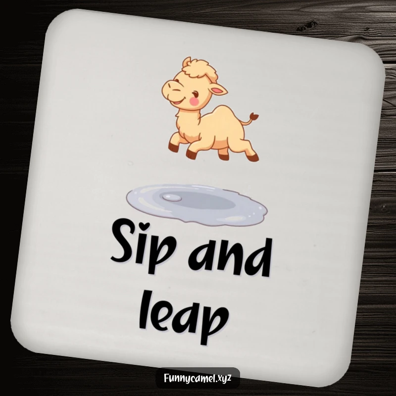 Funny cute camel gleefully jumping over a small puddle, printed on protective drink coasters.