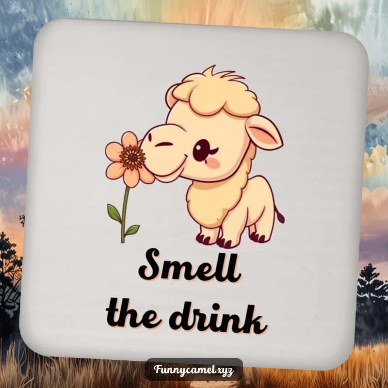 Funny curious camel sniffing a peculiar flower with an excited bobble on a protective drink coaster, adding humor to tabletops.