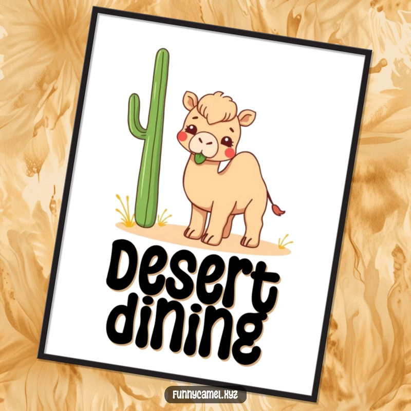 Funny Kawaii Camel Poster showing a cute camel playfully chewing on an abstract desert plant, perfect wall art.