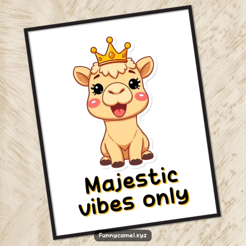 Funny delighted camel wearing a tiny crown, beaming brightly, displayed as cheerful wall art on a poster.