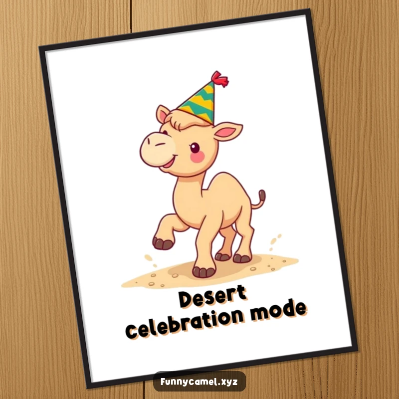 Funny kawaii camel in a small festive hat, joyfully kicking sand upwards, as a festive wall poster.