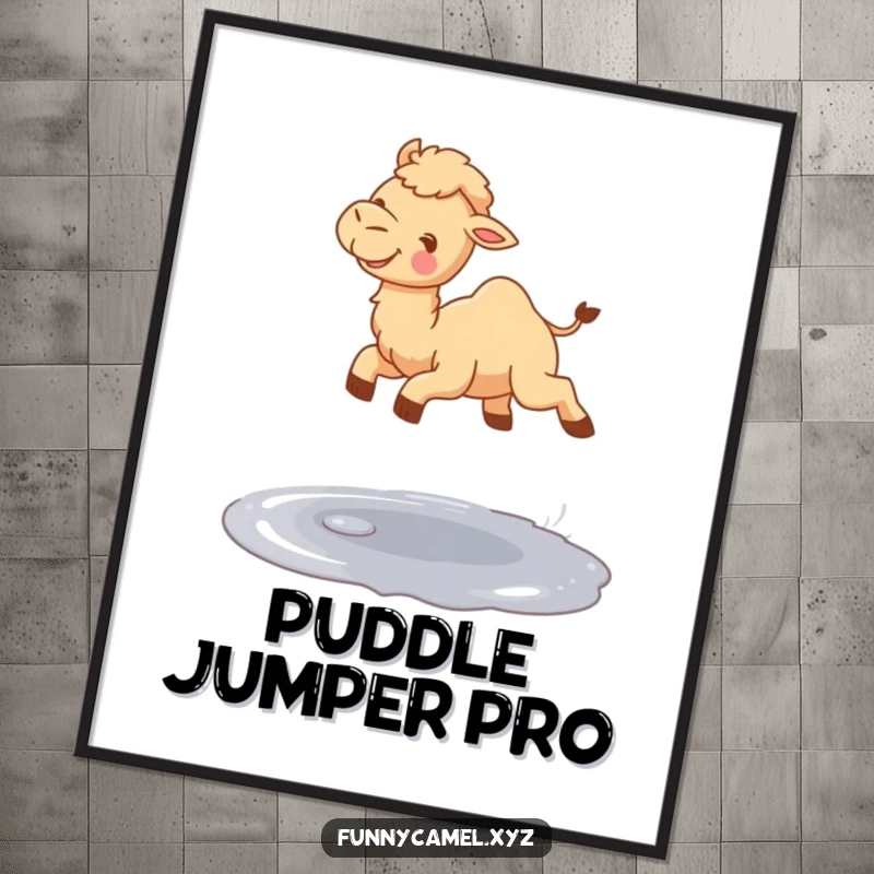 Funny cute camel gleefully jumping over a small shimmering puddle, as a delightful wall poster.