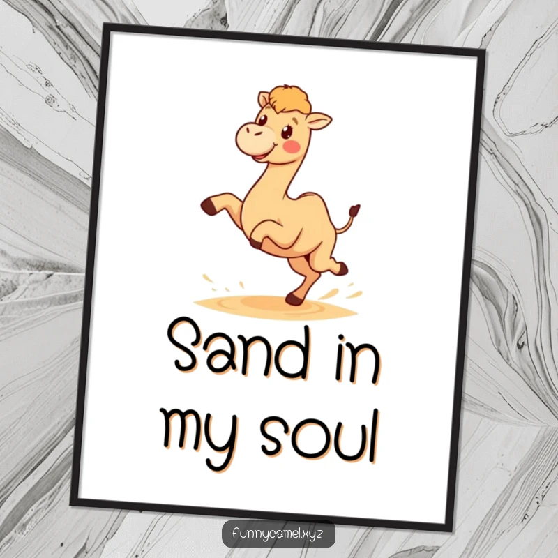 Funny poster art of a cute kawaii camel character joyfully kicking sand with its hind legs, capturing pure desert exuberance.