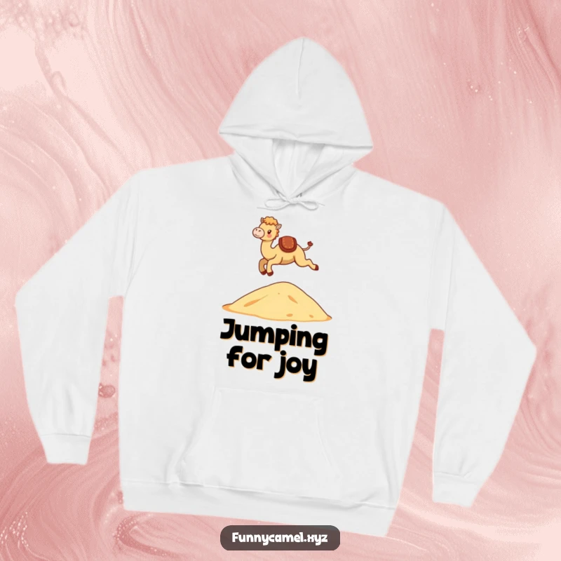 Funny Kawaii Camel Hoodie depicting a cute camel gracefully leaping over a stylized dune, warm and humorous.