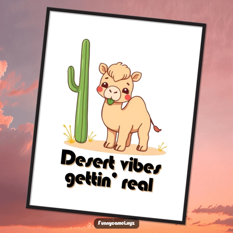 Funny Free Printable Wall Art: Whimsical kawaii camel playfully chewing on an abstract desert plant.
