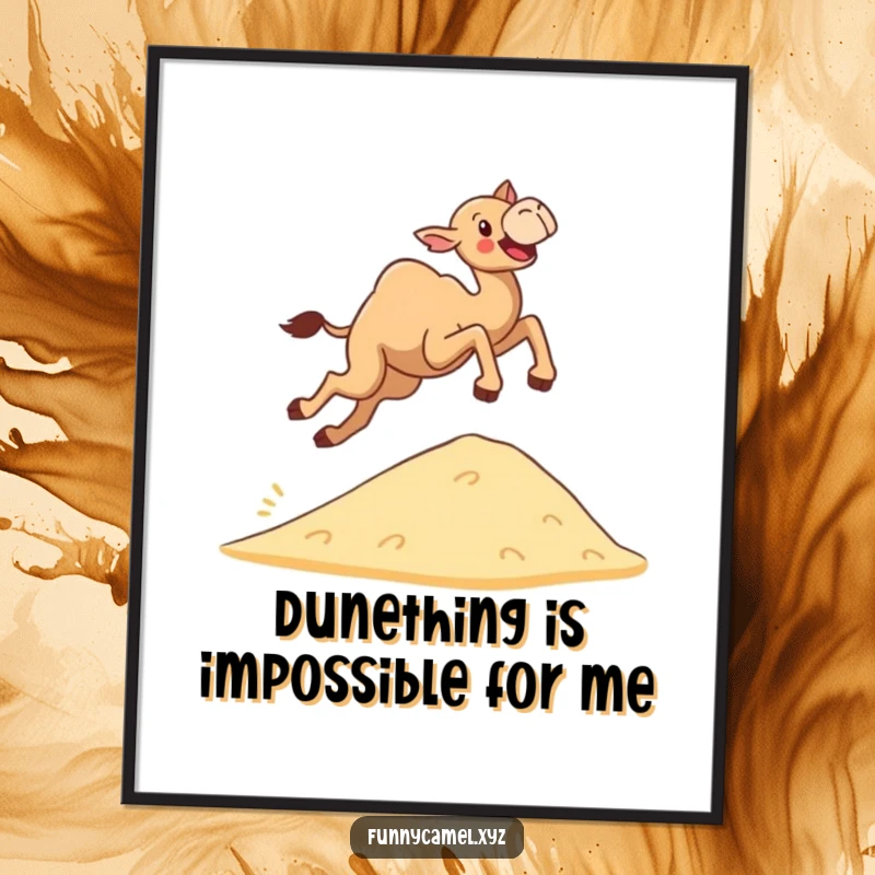 Free Printable Wall Art: A determined camel gleefully leaping high over a small sand dune, capturing a moment of pure exhilaration. Print at home.