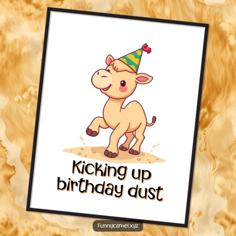 Funny Free Printable Wall Art: Kawaii camel in a festive hat, joyfully kicking sand upwards, a desert celebration.
