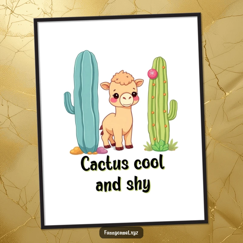 Funny Free Printable Wall Art: Shy kawaii camel peeking around a large, colorful cactus, a cute desert dweller.