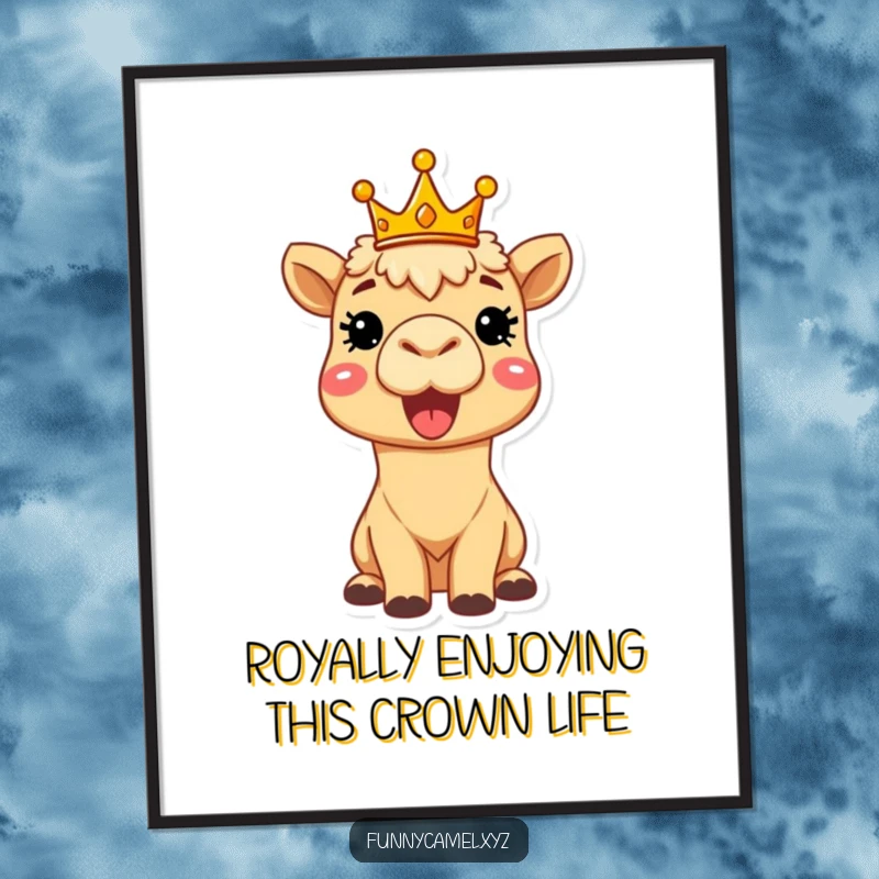 Free Printable Wall Art: A delighted camel wearing a tiny crown, beaming brightly like a benevolent ruler. Regal downloadable art.