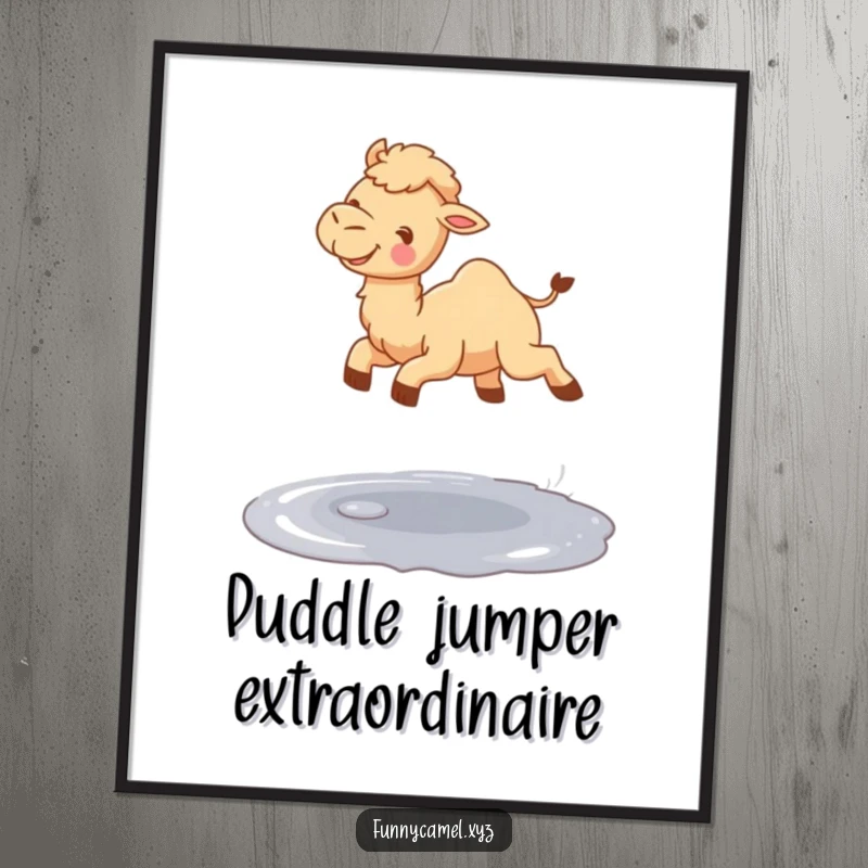 Funny Free Printable Wall Art: Cute camel gleefully jumping over a small shimmering puddle, a moment of pure fun.