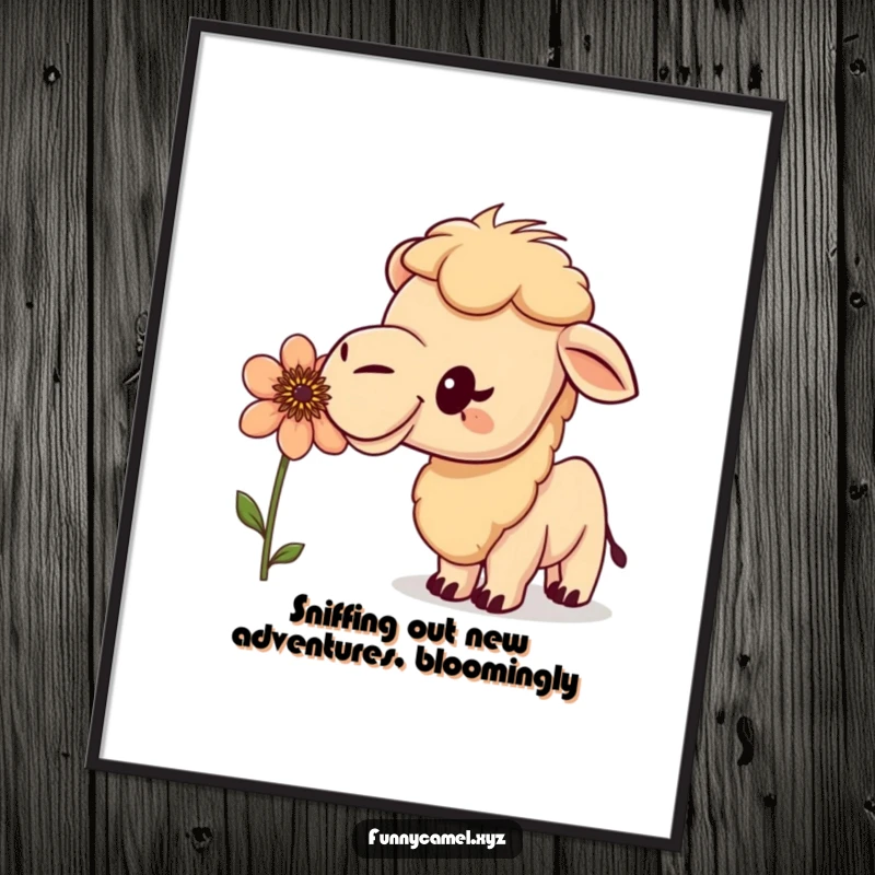 Free Printable Wall Art: A curious camel with an excited bobble sniffing a peculiar, vibrant flower. Unique downloadable art.