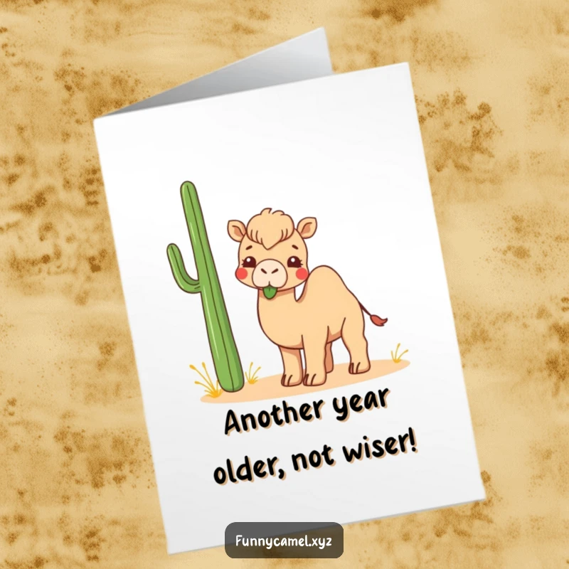Funny Free Printable Birthday Card: Kawaii camel enthusiastically chewing a big, goofy desert plant.