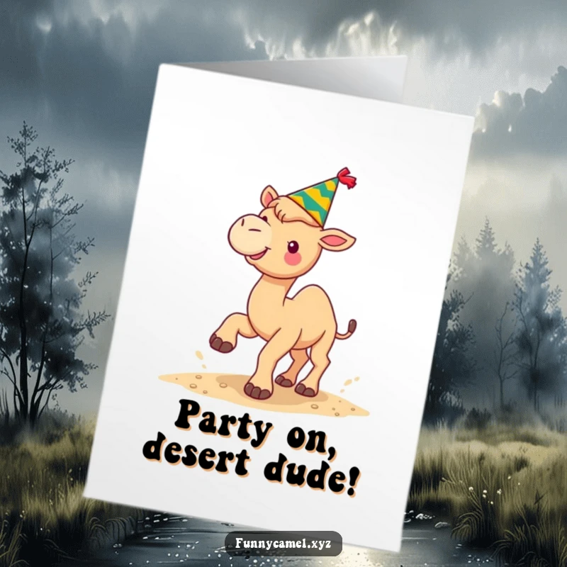 Funny Free Printable Birthday Card: Kawaii camel in a party hat, kicking sand joyfully, celebrating big.