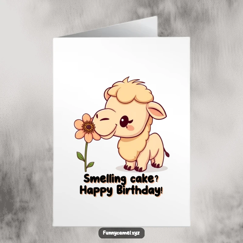 Funny Free Printable Birthday Card: A curious kawaii camel excitedly sniffing a peculiar, colorful flower. Delightful downloadable gift.