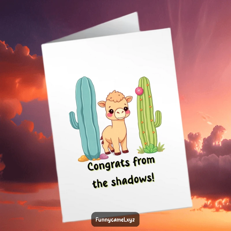 Funny Free Printable Congrats Card: Shy kawaii camel peeking from behind a cactus, cheering softly for success.