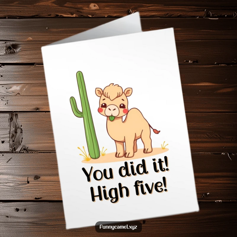 Funny Free Printable Congrats Card: Kawaii camel happily munching on a quirky desert plant.