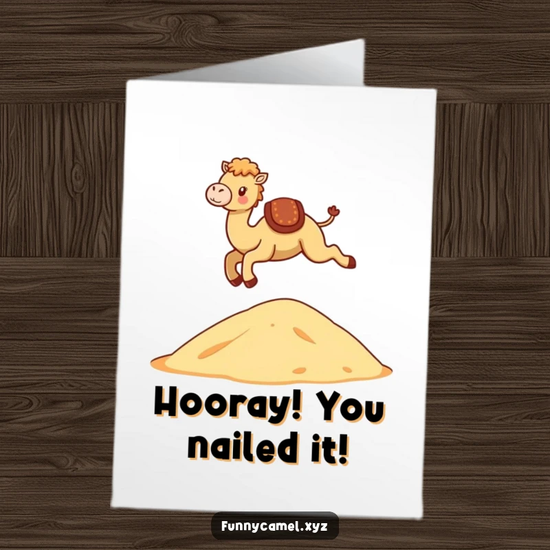 Funny Free Printable Congrats Card: Kawaii camel soaring gracefully over a stylized dune shape.