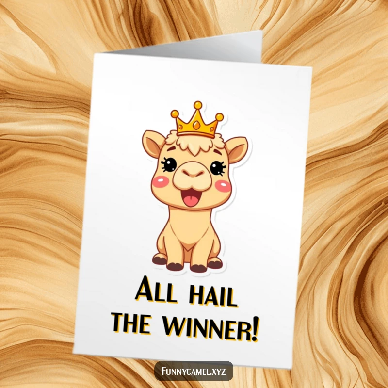 Congrats Free Printable Card: A delighted camel wearing a small crown, beaming with pride. Celebrating success like royalty. Print at home.