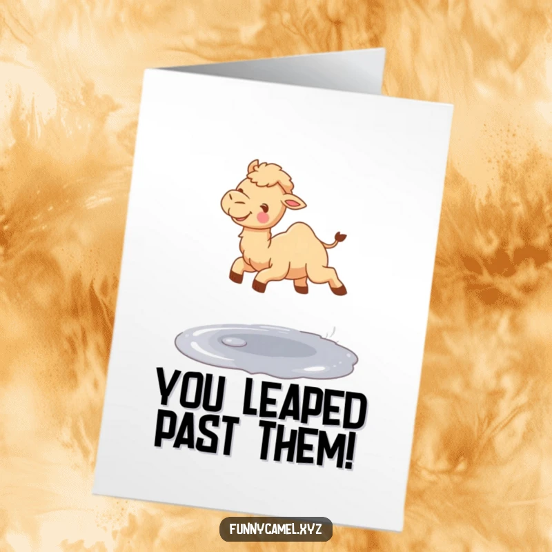 Funny Free Printable Congrats Card: Cute camel jumping over a puddle, pure joy in motion, celebrating success.