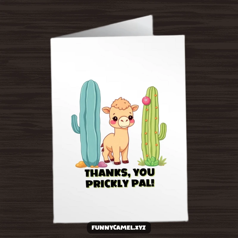 Funny Free Printable Thank You Card: Shy kawaii camel peeking around a cactus, offering thanks with a gentle smile.