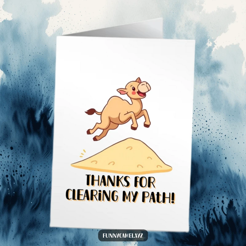 Free Printable Thank You Card: A determined camel joyfully leaping over a sand dune. Expressing thanks with energy. Easy DIY.